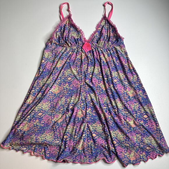 Y2K Fairycore Pink Rose Slip Dress Stretch Mesh Ruffle Coquette S XS Romantic - Picture 5 of 11